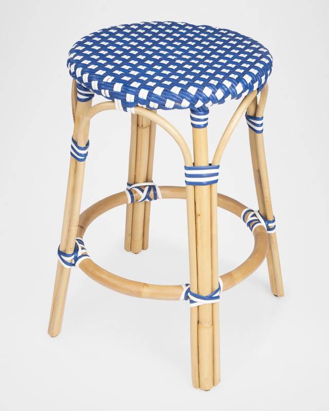 Tobias 24" Rattan Counter Stool, Blue/White Dot